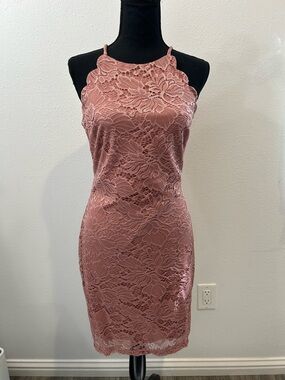 BCX Dusty Rose Lace Halter Mini Dress